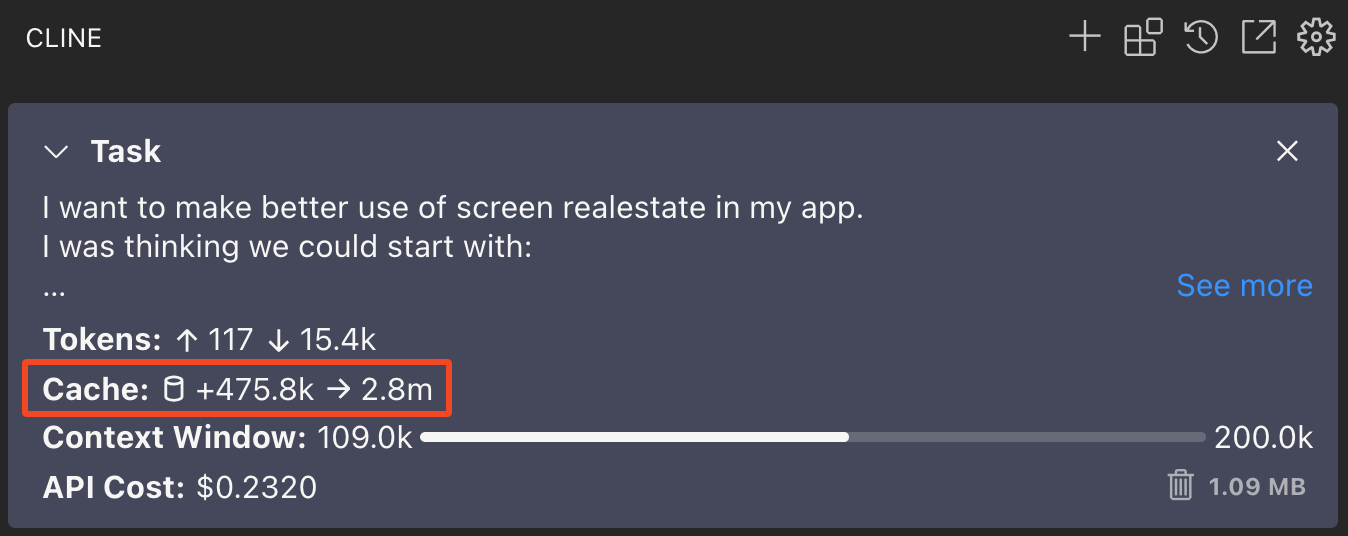 Cline prompt caching indicator