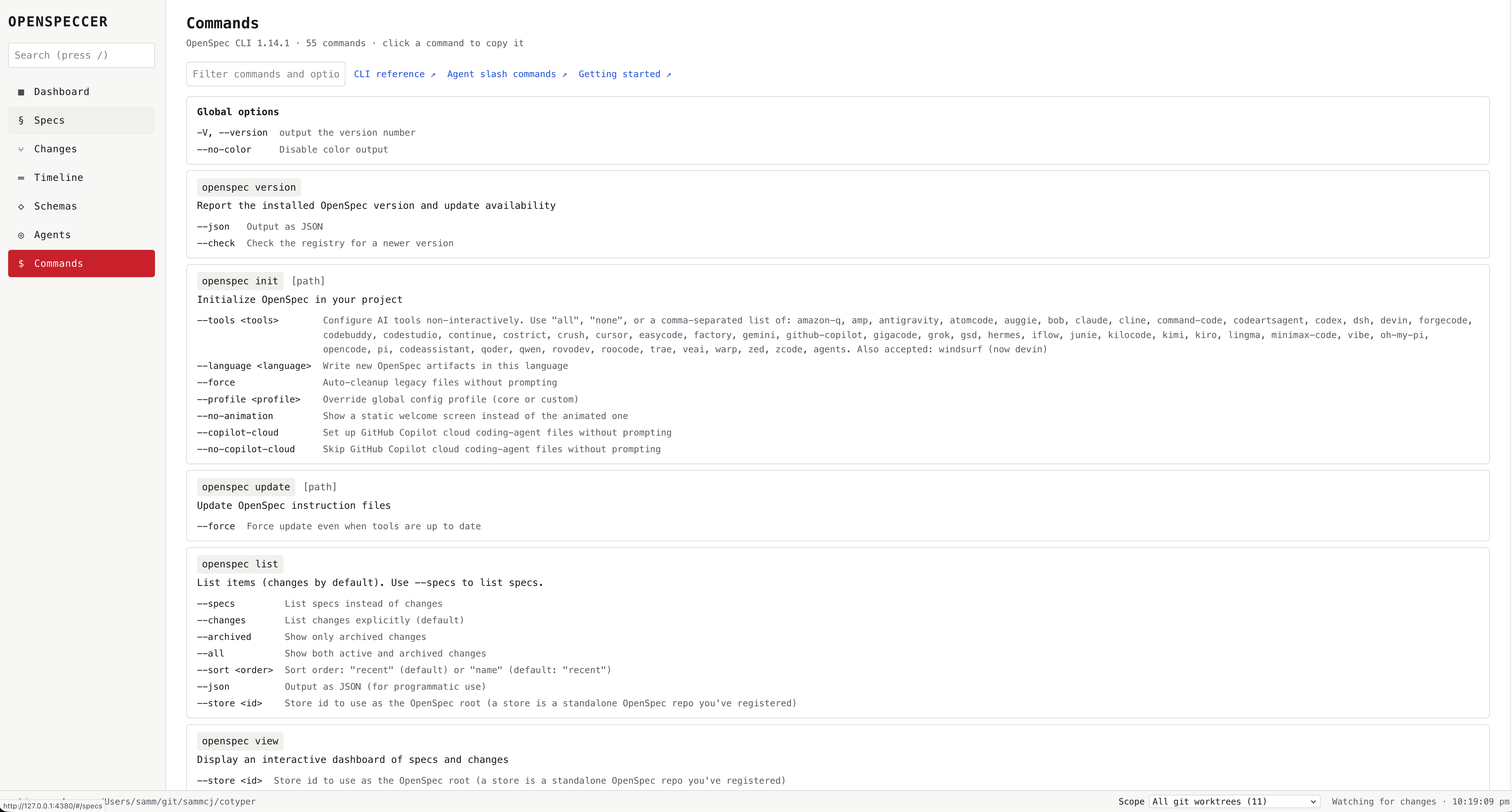 Commands reference built from the installed OpenSpec CLI