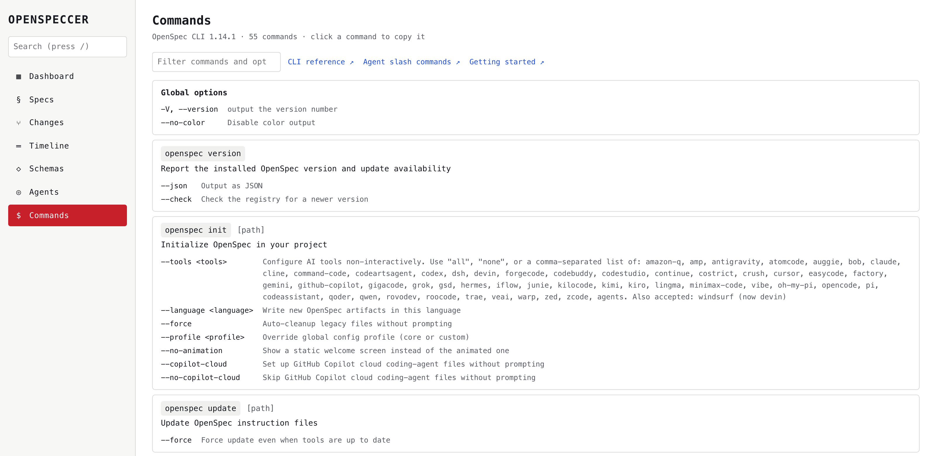 Commands reference built from the installed OpenSpec CLI