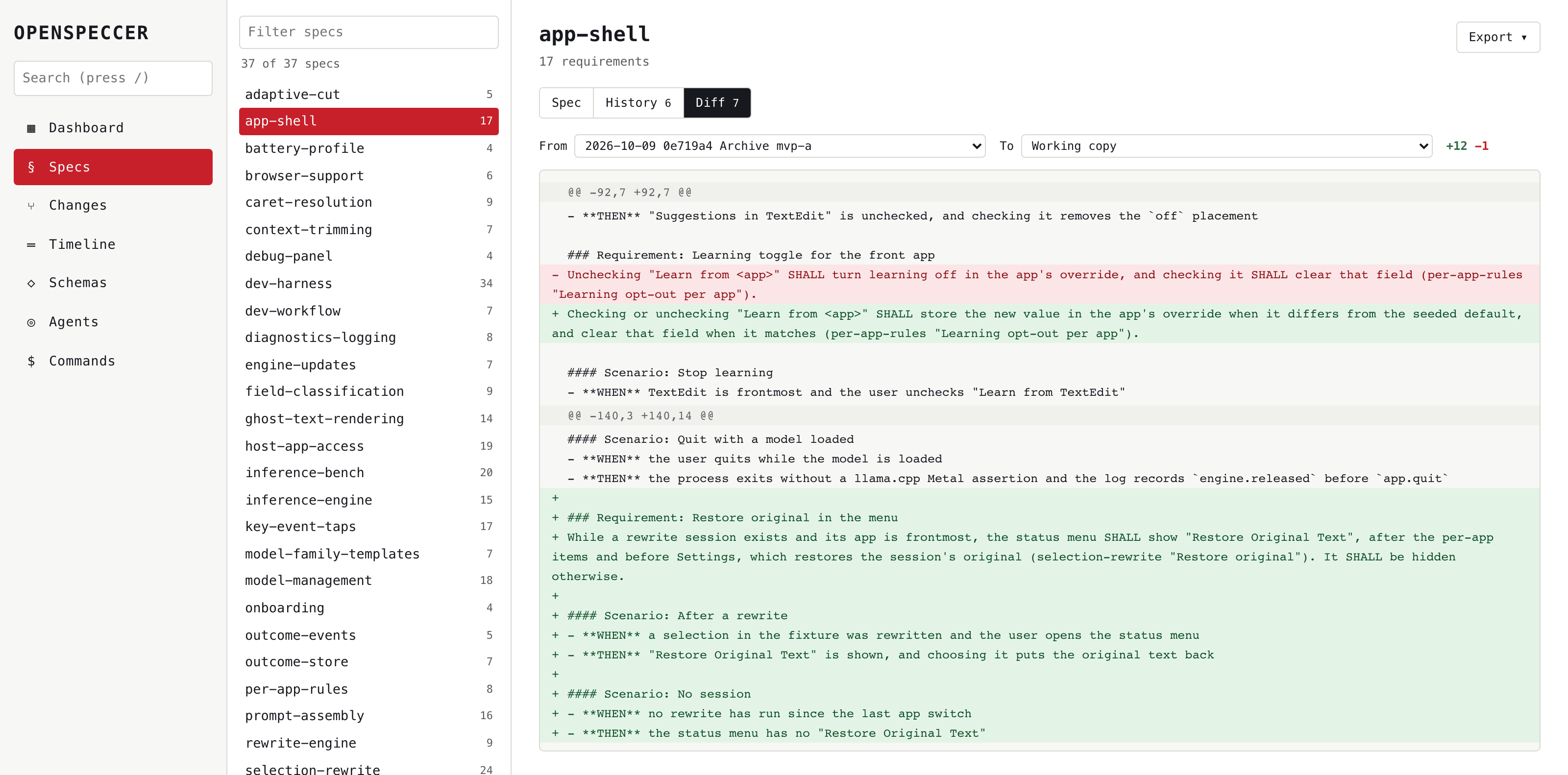 A spec diffed between a past revision and the working copy